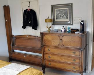 Very well cared for Drexel bedroom group with chest, dresser and mirror and full size headboard, footboard and side rails.  It is in a neo-classical style