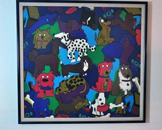 Silkscapes - Large framed silk scarf with "Boyton " style dogs 