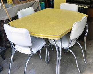 Fifties dining set in yellow with leaves - chair fabric needs repair in places - cracked ice pattern.