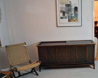 Very nice Mid Century record player cabinet along with a piece of Mid Century artwork and a "Wegner style" rope chair