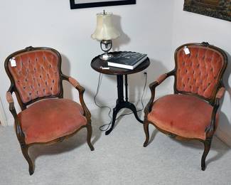 Pair of very well made chairs - they have been hand carved with spring seats - along with a small pie crust table
