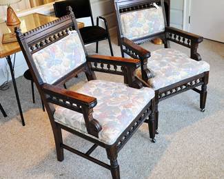 Pair of antique Eastlake arm chairs in excellent condition with new upholstery.