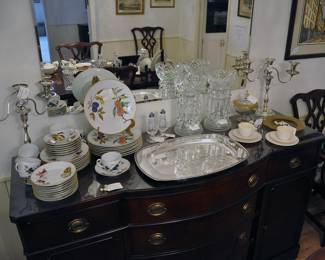 Part of Drexel dining room group, table with 3 leaves, 6 chairs and buffet - on top is a set of Royal Worcester china, Waterford and Belleek