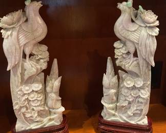 Pair of Carved Jade Birds (16" h with Stand 7"w)