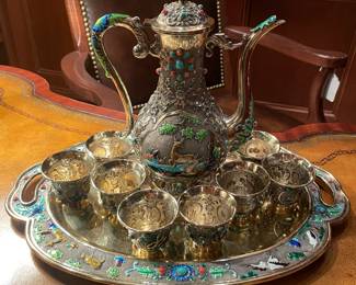 10 pc Chinese Silver Tea Set with Enamel and Inset Turquoise and Coral