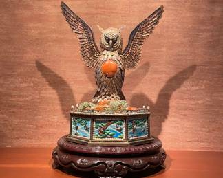 Chinese Silver Automaton Owl (21" h with Stand and 13" w)