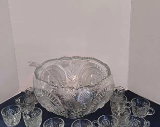 Pinwheel & Star Cut Glass Punch Bowl with Twelve Cups