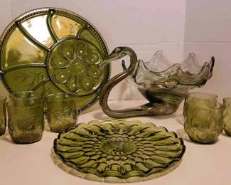 Olive Green Glass Serving Pieces & More