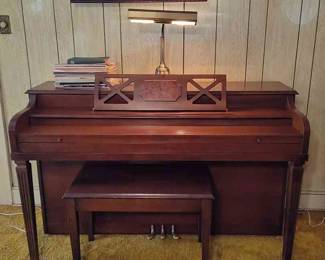 Bradbury Piano, Lamp, Sheet Music & Bench