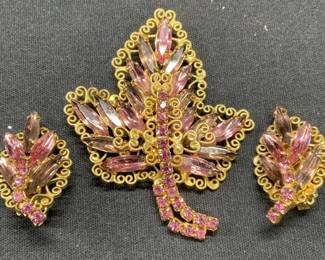 2 HOBE Gold Tn Pink Crystal Leaf Brooch & Earrings

