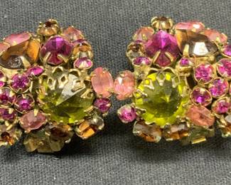 SCHREINER Gold Tone Pink & Green Crystal Earrings

