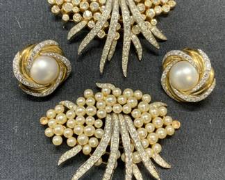 3 TRIFARI Faux Pearl & Crystal Brooches, More
