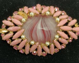 SCHREINER Art Glass & Pink Crystal Brooch, Sgn
