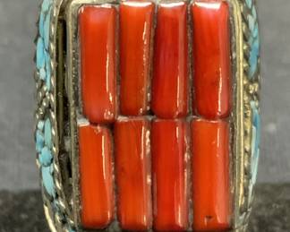 Silver Tone Coral & Turquoise Statement Ring
