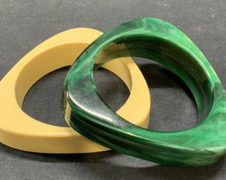 2 Cream & Green Bakelite Triangle Bangles
