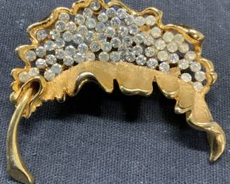 BSK Gold Tone Crystal Leaf Brooch
