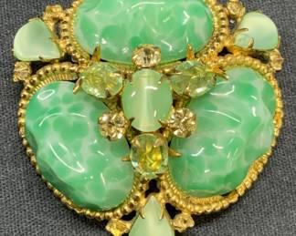 SCHREINER Gold Tone Green Crystal Brooch

