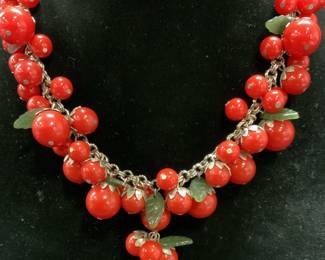 Silver Tone Red Tomato Beaded Necklace
