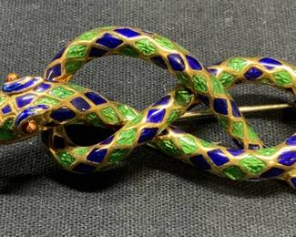 18K Gold Enameled Snake Brooch, Italy 17.1dwt
