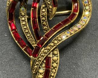 WEISS Gold Tn Red Crystal Heart Ribbon Brooch
