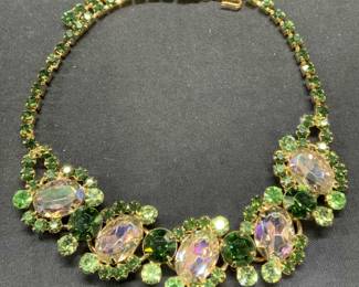 Gold Tone Green Crystal Cluster Necklace
