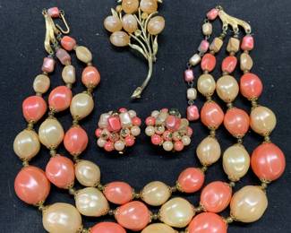 Lot3 CORO Pink Floral Brooch, Matching Jewelry Set
