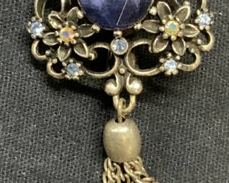 Signed Silver Tone Blue Crystal Brooch
