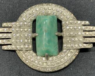 Art Deco Silver Tn Blue Crystal Brooch 3+in

