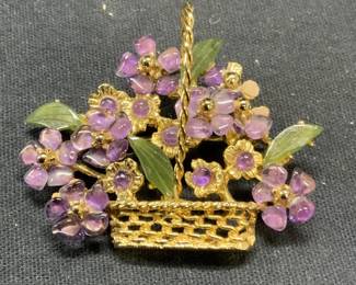 Gold Tone Amethyst Flower Basket Brooch
