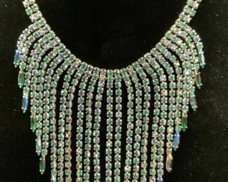 Silver Tn Blue & Green Crystal Chandelier Necklace
