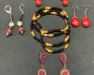5 Multi Color Beaded Dangle Earrings & Necklace
