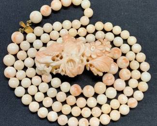 Carved Angel Skin Coral Double Strand Necklace
