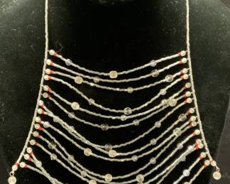 Silver Tone Beaded Crystal Bib Necklace
