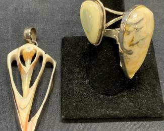 3 Sterling Silver Agate Ring & Bone Pendant, More
