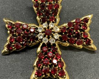 WEISS Gold Tn Red Crystal Maltese Cross Brooch
