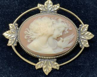 Victorian Arts & Crafts Cameo Brooch w Leaf Motif

