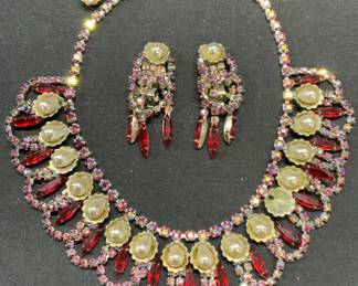 Silver Tn Faux Pearl Crystal Necklace & Earrings
