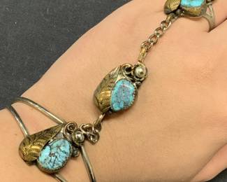 Silver Tn Turquoise Cuff Bracelet & Ring
