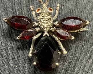 Sterling Silver Marcasite Ruby Glass Fly Brooch
