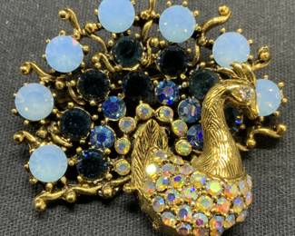 WEISS Gold Tone Blue Crystal Peacock Brooch
