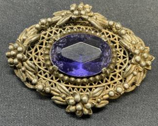 Silver Tone Blue Crystal Brooch 2.5in
