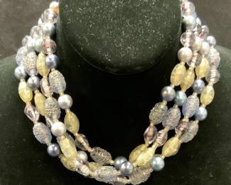 Blue Art Glass Beaded Multi Strand Choker Necklace
