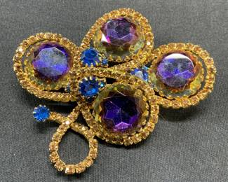 SCHIAPARELLI Gold Tone Purple Crystal Brooch 3in
