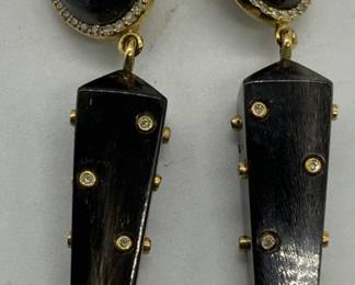 Black Spinel & Diamond Horn Dangle Earrings
