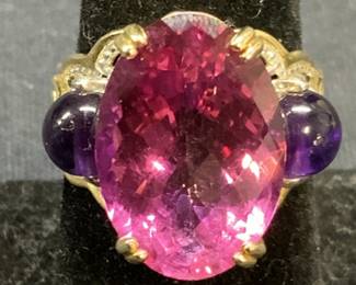 Signed NH Sterling Silver Pink Gemstone Ring
