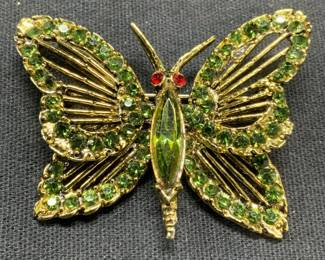 Gold Tone Green Crystal Butterfly Brooch
