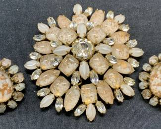 2 White/Gold Tn Brooch & Earrings, Schreiner Style
