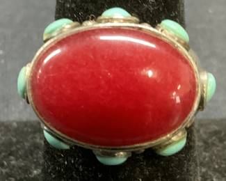 Sterling Silver Turquoise & Coral Ring
