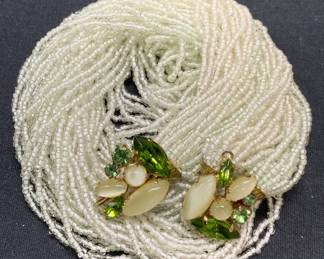 Green & White Multi Strand Seed Bead Necklace
