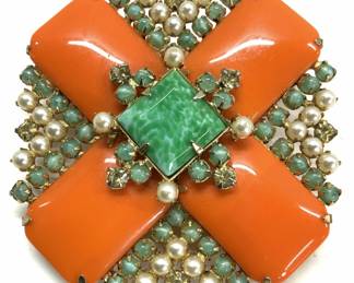 Schreiner Green & Orange Art Glass Brooch, Sgn
